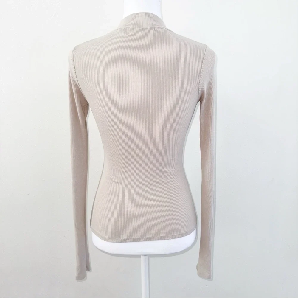 JOAH BROWN BEIGE TAN RIBBED HALF ZIP MOCK NECK LONG SLEEVE TOP - Picture 6 of 13